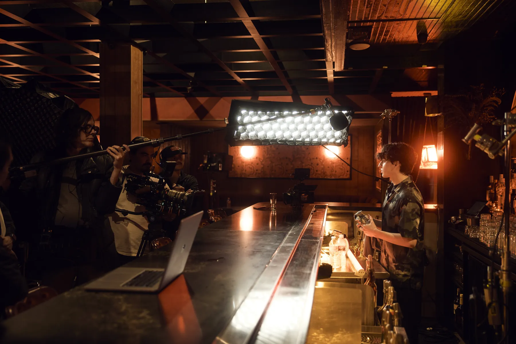 A bar lit for a night scene